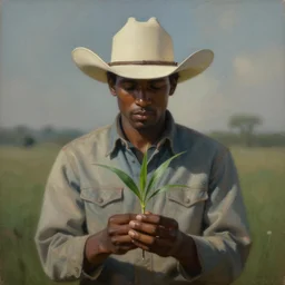 a beautiful dramatic epic ethereal symmetrical painting of a cowboy holding a green plant in his hands | he is dark skinned and wearing a cowboy hat and is draped in ivy | background is an epic flames fire conflagration | tarot card, art deco, art nouveau | by Mark Maggiori | trending on artstation