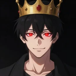 man with a crown, smirk, photograph, black backgrounds, glowing red eyes, anime