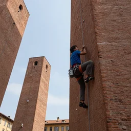 Diablo climbing Bologna towers, realistic