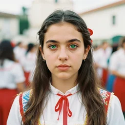 a portuguese girl with striking green eyes dressed for romarias de nossa senhora da agonia stares at the camera, kodachrome film