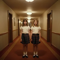 photorealistic ultra wide cinematography of two twin girls holding hands standing side by side in stanley kubrick's 1 9 8 0 film the shining standing in a long hallway inside the overlook hotel starring right at the camera shot on 3 5 mm eastman 5 2 4 7 film by the shining cinematographer john alcott shot on a wide kinoptik tegea 9. 8 mm lens. with golden ratio composition
