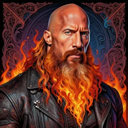 detailed hipster dwayne johnson, long fires beard, dmt, by james gurney + intricate and vibrant work + portrait + trending on artstation + incredible gothic illustration + exquisite detail