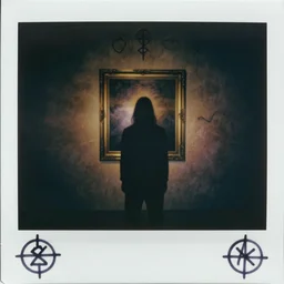 polaroid of creepy basement, a figure comes out of a framed painting on the wall. goetic sigils drawn on the polaroids border. creepy atmosphere, liminal space.