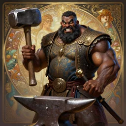 the blacksmith, very strong, muscular, big hammer, anvil, beard, cheeky, coloured, fame of thrones, fibonacci, sweat drops, intricate fashion clothing, insane, intricate, highly detailed, surrealistic, digital painting, artstation, concept art, smooth, sharp focus, illustration, Unreal Engine 5, 8K, art by artgerm and greg rutkowski and alphonse mucha