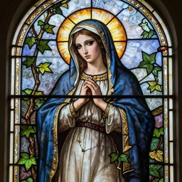 a beautiful and detailed stained glass window of poison ivy dressed as the virgin mary, fantasy, d & d, dark eyeliner, intricate, elegant, highly detailed, digital painting, artstation, concept art, matte, sharp focus, illustration, art by greg rutkowski and alphonse mucha
