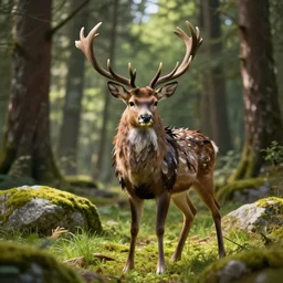 full body portrait, a furry deer head with a decorative feather covered body, in the sunny daytime forest with trees rocks and green moss grass, super realistic, cinematic lighting, 1 6 k, hyper realistic, focused, high detail, photorealistic, extreme detail, octane render, artstation, unreal engine