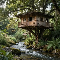 A  massive tree house above a gentle stream running down below ,peaceful atmosphere, serene lighting ,digital art , highly detailed , high contrast, beautiful lighting, award winning , trending on art station, photorealistic, 8k