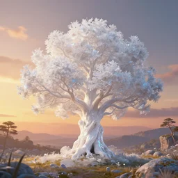 an enchanted white shimmering iridescent tree in the middle of a stunning fantasy landscape during sunset, golden hour, soft illumination, by daniel conway, daniel jean - baptiste and andreas rocha, highly detailed, fantasy, concept art, sharp focus on tree, trending on artstation, illustration, beautiful digital art
