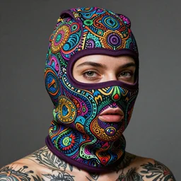 close - up portrait of angela white with tattoos wearing a balaclava with colourful intricate psychodelic patterns, by edgar maxence and caravaggio and michael whelan and delacroix style, artistic, intricate drawing, light brazen, realistic fantasy, extremely detailed and beautiful aesthetic face, establishing shot, 8 k resolution, dramatic lighting