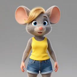 3 d render, portrait, upper body shot, mid shot, anthropomorphic mouse, female, blond furr, blue eyes, wearing denim short shorts and a off yellow tank top shirt, solo, in the style of the great mouse detective - n 8