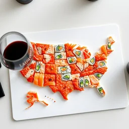 a map of the united states made out of sushi. it is on a table next to a glass of red wine.