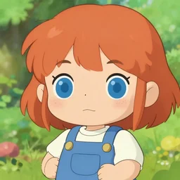 kawaii chibi art of a ginger girl with big blue eyes, freckles, overalls, studio trigger studio ghibli, kids book cover about gardening