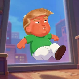 little ginger donald trump, wearing white pants and green shirt, floating in air in a room, closeup, city through window, concept art, artstation, disney, pixar, dreamworks, anime, tyler edlin, feng zhu, jparked, thomas karpi