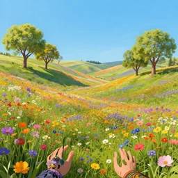 first person perspective digital illustration of a field of vibrant wildflowers and Truffula Trees by beeple and dr. seuss:1|colorful rolling hills of beautiful flowers, wide angle panoramic by beeple and Roger Dean, viewed from eye level:0.9|fantasy, cinematic:0.9|Unreal Engine, Octane, finalRender, devfiantArt, artstation, artstation HQ, behance, HD, 16k resolution:0.8