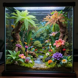 a photorealistic complex magic macroscopic glass terrarium with highly detailed complex flower life garden inside.