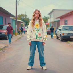 still from music video of sydney sweeney from die antwoord standing in a township street, wearing a hoodie and flowers, street clothes, full figure portrait painting by martine johanna, ilya kuvshinov, rossdraws, pastel color palette, 2 4 mm lens