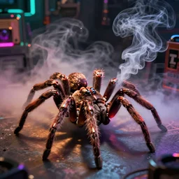 an adorable spider exhaling smoke in a smoke filled room, hotbox, neon lighting, hyper realistic