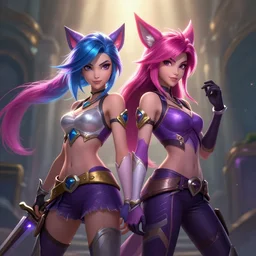 xayah and kai'sai, league of legends, unreal engine, by weta digital, editorial photography, 3 - dimensional, rays of shimmering light, best friends
