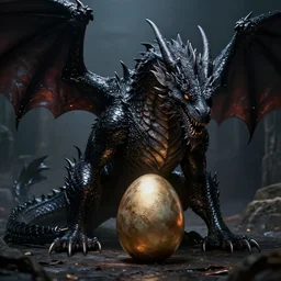 one epic Black dragon with shiny scales guarding a dragon egg , dramatic lighting, cinematic, establishing shot, extremly high detail, photo realistic, cinematic lighting, post processed, concept art, artstation, matte painting, style by eddie mendoza, raphael lacoste, alex ross