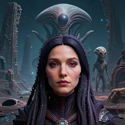full - face close - up portrait, your mom is a cosmic horror by bruce brenneise and peter mohrbacher and h r giger, alien ancient ruins in background, on an alien planet with craters, 3 d render, neosurrealism. digital concept art, pixel art, rendered in octane, trending on cgsociety, trending on artstation