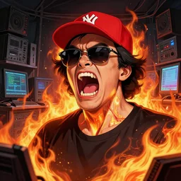 character art by ruan jia, angry jack black screaming with his jugular veins out of his neck wearing wayfarer glasses and red baseball hat at a music concert, on fire, fire powers, room filled with computer equipment, computer monitors