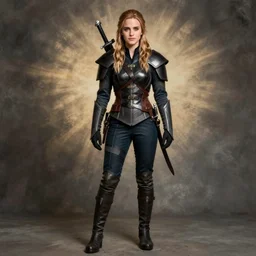Full body portrait of Emma Watson cosplaying as Geralt from the Witcher. Studio lighting