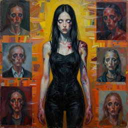brutal black clothes, girl with white eyes, long arms, skin disease, grotesque, doomed, acrylic paint, high resolution gouache on canvas, ugly vibrant colors, grotesque, wrapped thermal background, art francis bacon, collage by joseph cornell