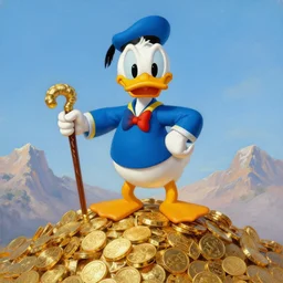 Scrooge McDuck from the Duck Tales in blue costume standing on a mountain of gold and holding a cane, view from below, full body portrait, oil painting, highly detailed
