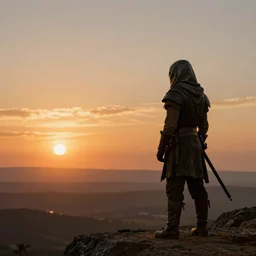 a lone tusken raider watching the sunset, by Angus McKie, luminous lighting, cinematic, panoramic, aspect ratio 1:3
