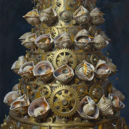 oil painting epic tiered waving mollusks bound machined gear box, cinematic, fine art, ornate masterpiece, hyper detailed by shigeru komatsuzaki