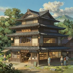 concept art painting of a historic bakery with european and japanese architecture, surrounded by trees and mountains, realistic, detailed, cel shaded, in the style of makoto shinkai and greg rutkowski and james gurney