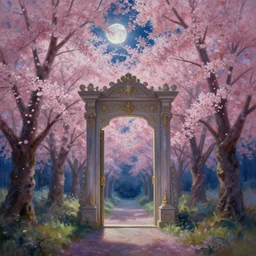 a beautiful painting of an ornate portal in a cherry blossom forest, volumetric lighting, moonlit by greg rutkowski and kalin popov, trending on artstation, masterpiece,