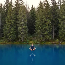 meditating man hovering above a clear blue lake in a clearing in the middle of an evergreen forest at dawn