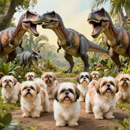 A Herd of Shih Tzu in Jurrasic Park, Dinosaurs, Multiple Animals, Fangs