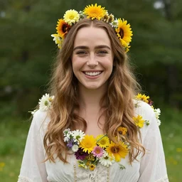 emilia clarke in midsommar, smiling, draped in flowers