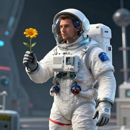 a man in a space suit with a flower in his hand, a computer rendering by Mike Winkelmann, trending on cgsociety, retrofuturism, uhd image, rendered in cinema4d, hard surface modeling