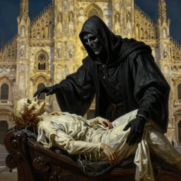 oil matte portrait painting, grim reaper as he collects a soul of a plague victim outside a baroque cathedral, wonderful masterpiece highly detailed, beautiful cinematic light deep focus, elegant, digital painting, smooth, sharp focus, golden ratio, dramatic illumination, ultra realistic, 8 k, art by salvator rosa