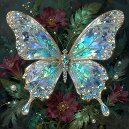 iridescent diaphanous refractive and reflective crystal crystalline pearly flora, verdant, lush, overgrown, burgundy emerald and blue topaz colors, butterfly wings and feathers, fantasy, intricate, elegant, highly detailed, digital painting, artstation, concept art, matte, sharp focus, illustration, hearthstone, art by artgerm and greg rutkowski and alphonse mucha