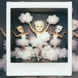 polaroid of dancers that are made from cotton candy, smoke and clouds, wearing giant paper masks, mix