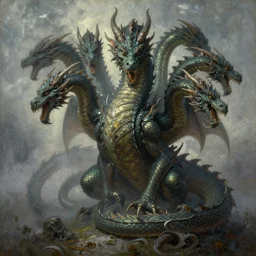 concept art of a hydra, dragon with many heads, a painting by beksinski, by ruan jia, by austin osman spare, symbolist painting, mist, volumetric render, digital painting, detailed painting, occult