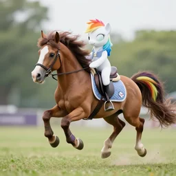 wide angle full body action shot of a my little pony as an appaloosa horse with a rider, an appaloosa hybrid has a mane and tail like my little pony, rainbow tail, professional, high quality, 4 k, dof, bokeh, action