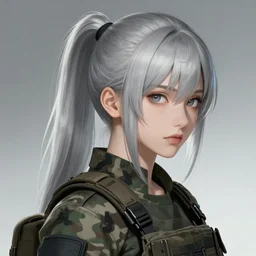 girl, silver hair (ponytail), multicam (camo), trending on artstation, detailed, cinematic portrait, ilustration by (Yoann Lossel and) Takehiko Inoue