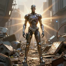 an intricate concept of a man standing in a junkyard, style ivan talavera and artgerm, radiant lighting, hyper realistic, photorealistic, octane render, trending on artstation, cgsociety, cinematic light, global illumination, sci - fi