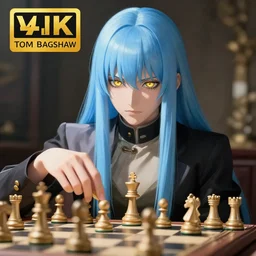 rimuru playing chess, with gold eyes, straight hair, sky blue hair, long bangs, high collar, concept art, award winning photography, digital painting, cinematic, by wlop, anime key visual, wlop, 8 k, by ross tran, tom bagshaw, andy warhol