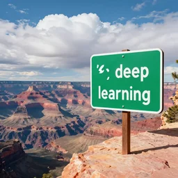 a green sign that says'very deep learning'and is at the edge of the grand canyon. puffy white clouds are in the sky.