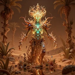 dead god bioluminescent creature in a desert lush vegetation, warm tones, night, water reflection : : by michal karcz, daniel merriam, victo ngai and guillermo del toro : : ornate, dynamic, particulate, intricate, elegant, highly detailed, centered, artstation, smooth, sharp focus, octane render, 3 d