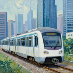 modern hong kong train, sorrounded by skyscrapers, painting by van gogh, post impressionism