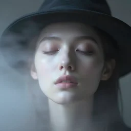 out of focus photorealistic portrait of a beautiful pale young woman by sarah moon, dark face, tiny nose, wide face, very blurry, translucent white skin, closed eyes, foggy, closeup, with a weird hat