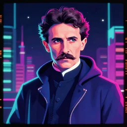 nikola tesla in hoodie, portrait, vaporwave, synthwave, neon, vector graphics, cinematic, volumetric lighting, f 8 aperture, cinematic eastman 5 3 8 4 film, photorealistic