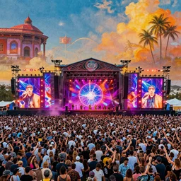 techno party rave gigantic stage and thousands of party people beautiful picture and scenery, vibrant colors, mixed media collage by yasmina hilal